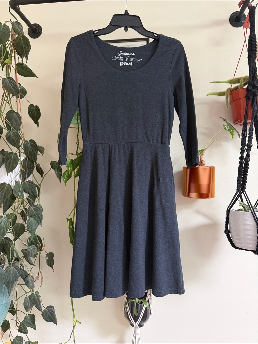 PACT Organic Cotton Fit & Flare 3/4 Sleeve Dress with Pockets Charcoal | Small